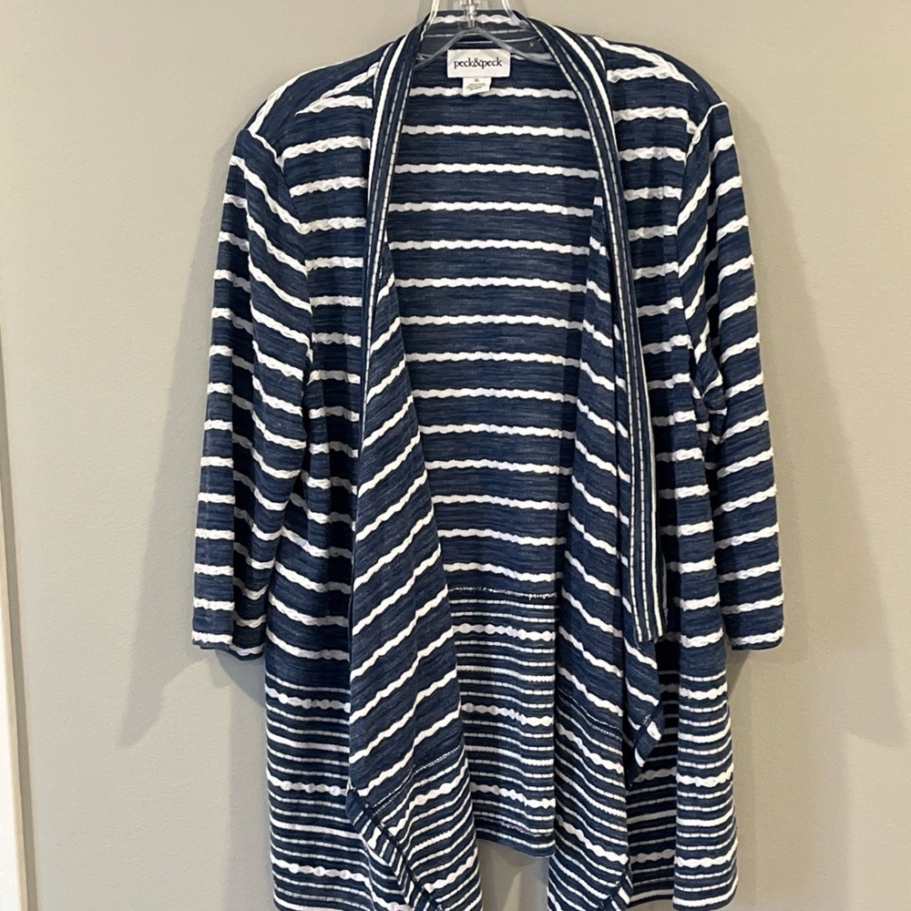 Peck & Peck Open Cardigan Sweater Women XL Cotton Blue Strjpe 3/4 Sleeve